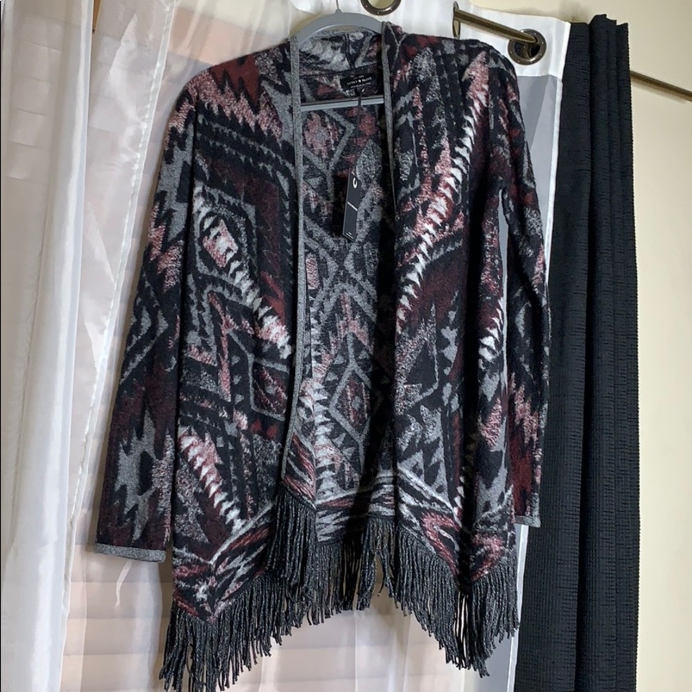 Lucky Brand Native print sweater with fringe.